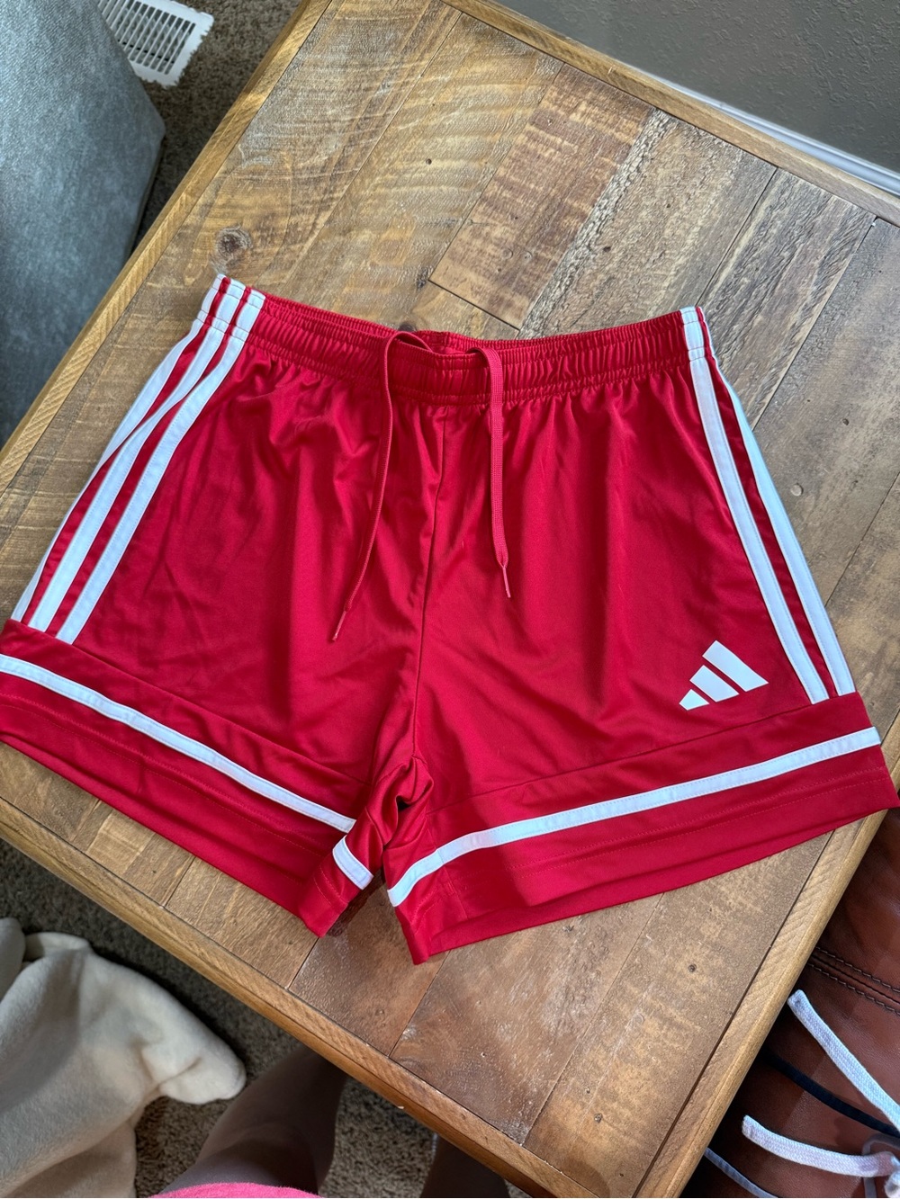 adidas Red Women's Athletic Shorts with White Stripe Trim